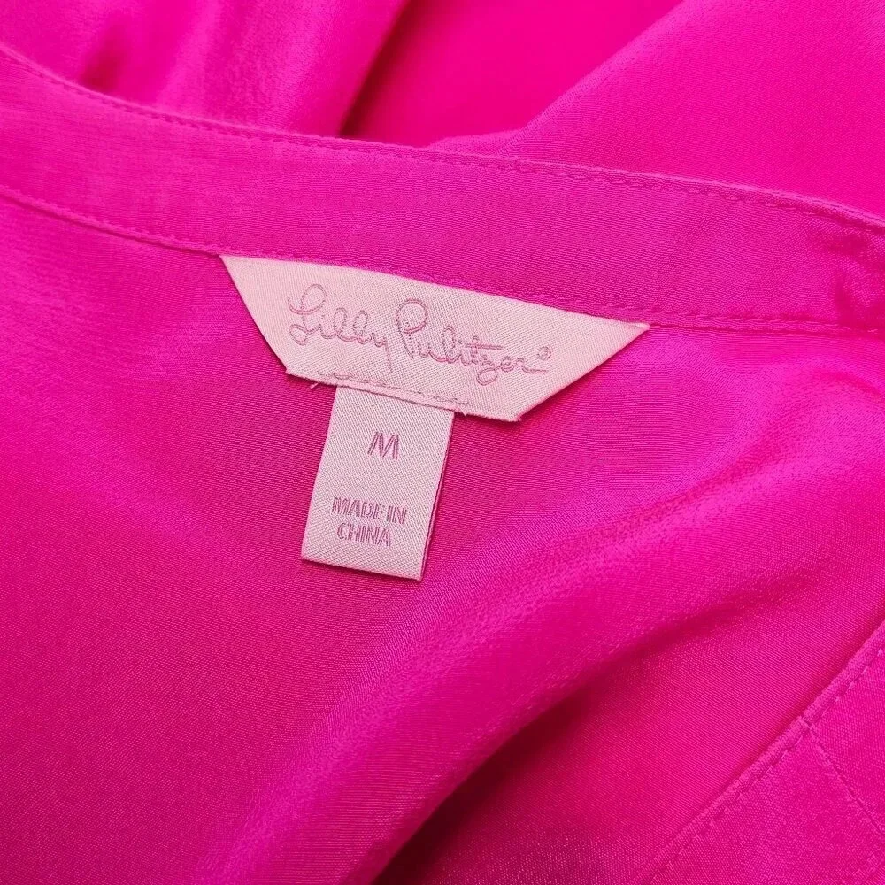 Lilly Pulitzer 100% Silk Tie Front Lace Up Blouse Pink  Size Medium Bell Sleeve - Picture 6 of 9